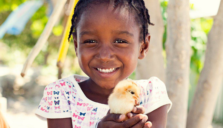 A young girl holding a small chicken in her hand.